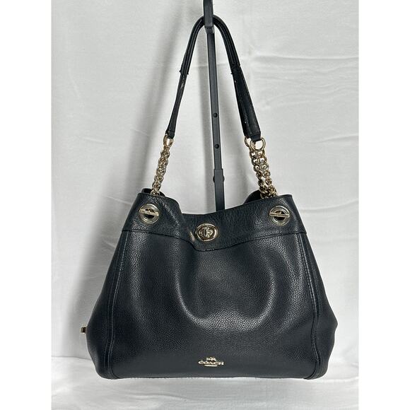 COACH Original Pebbled Turnlock Chain 3 Compartment Tote Shoulder Bag Black/Gld - Picture 1 of 16
